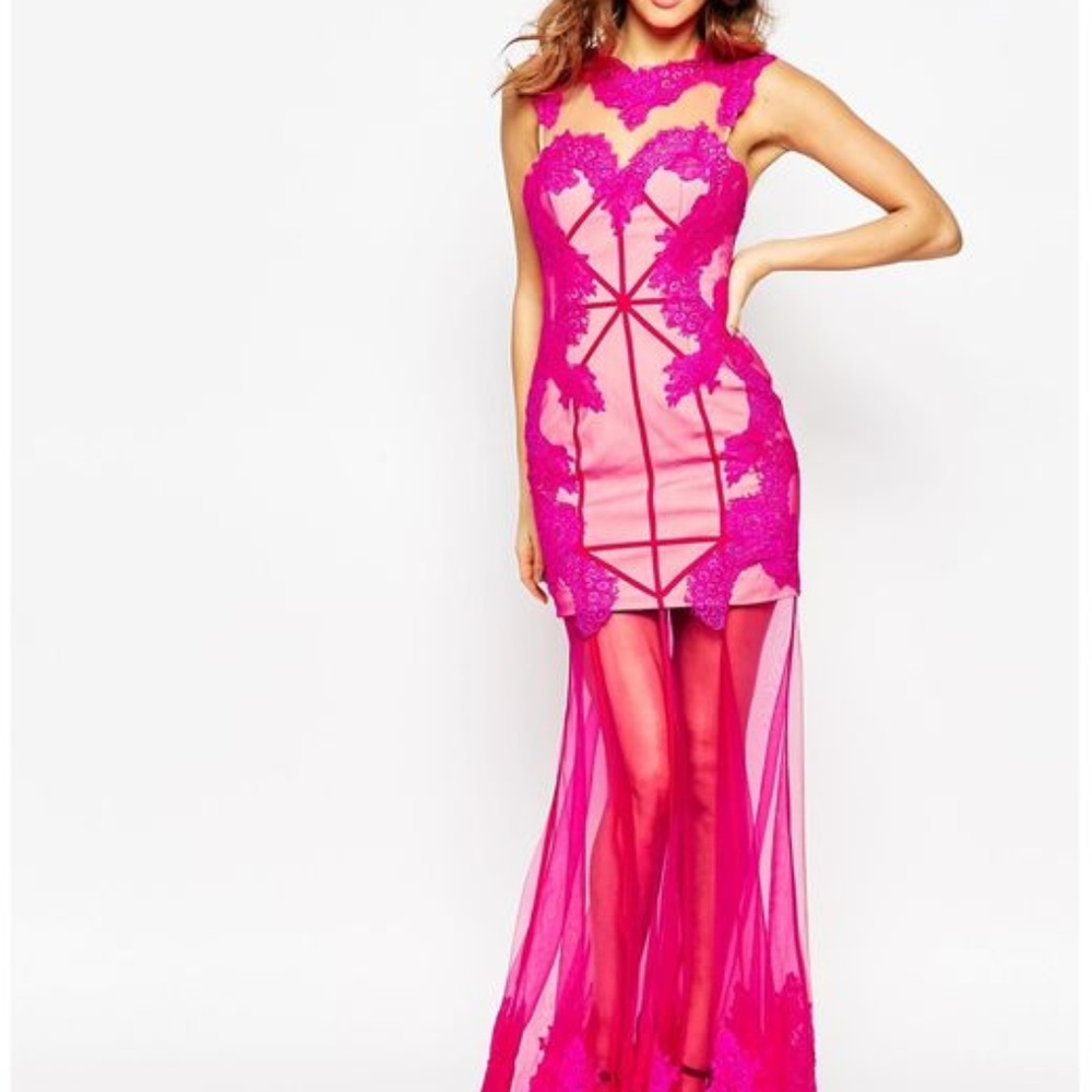 Forever Unique Pink maxi Long dress mesh lace